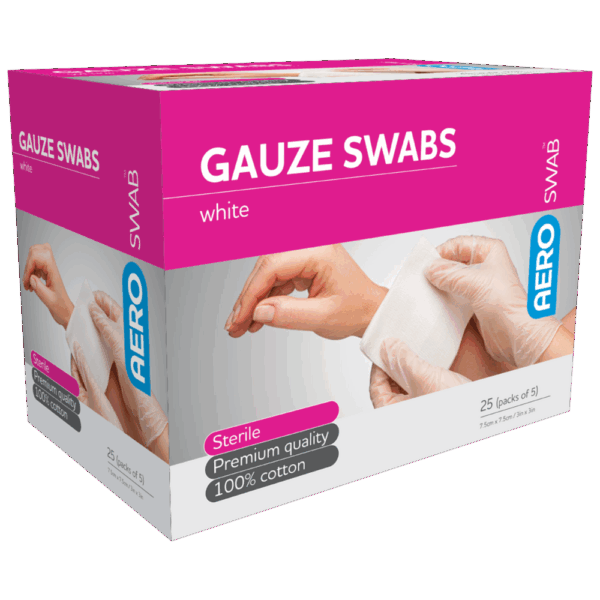 AEROSWAB Sterile White Gauze Swab 7.5 x 7.5cm (Packs of 5) Box/25