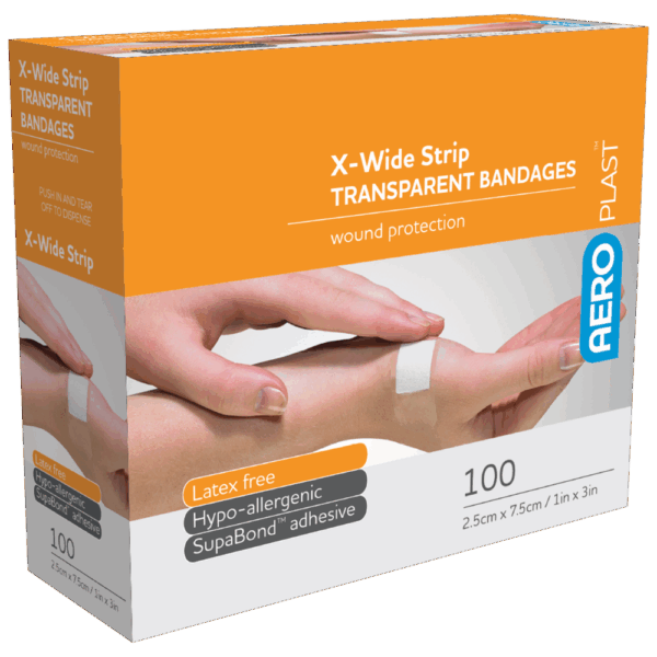 AEROPLAST Transparent X-Wide Strip 7.5 x 2.5cm Box/100